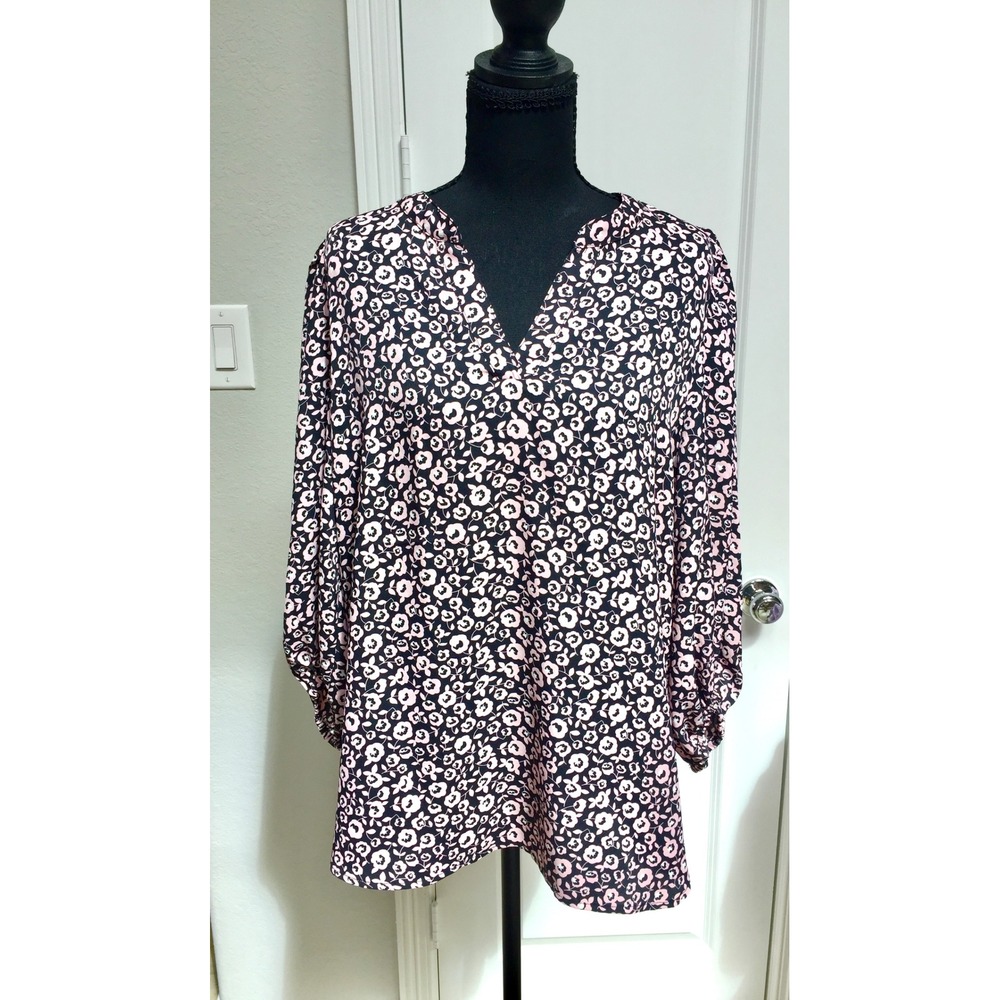 Anne Klein Navy Pink Floral Split Neck Blouse Long Sleeve Top L